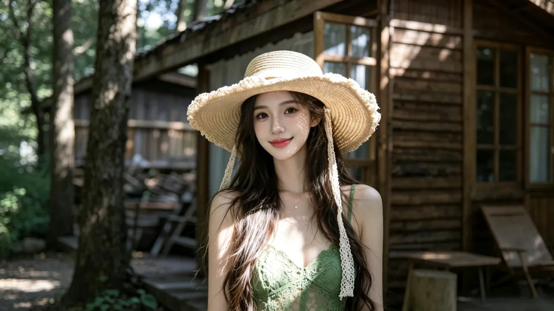 3k草帽美女壁纸｜林间木屋背景图片 - 夏日清新人像「哲风壁纸」