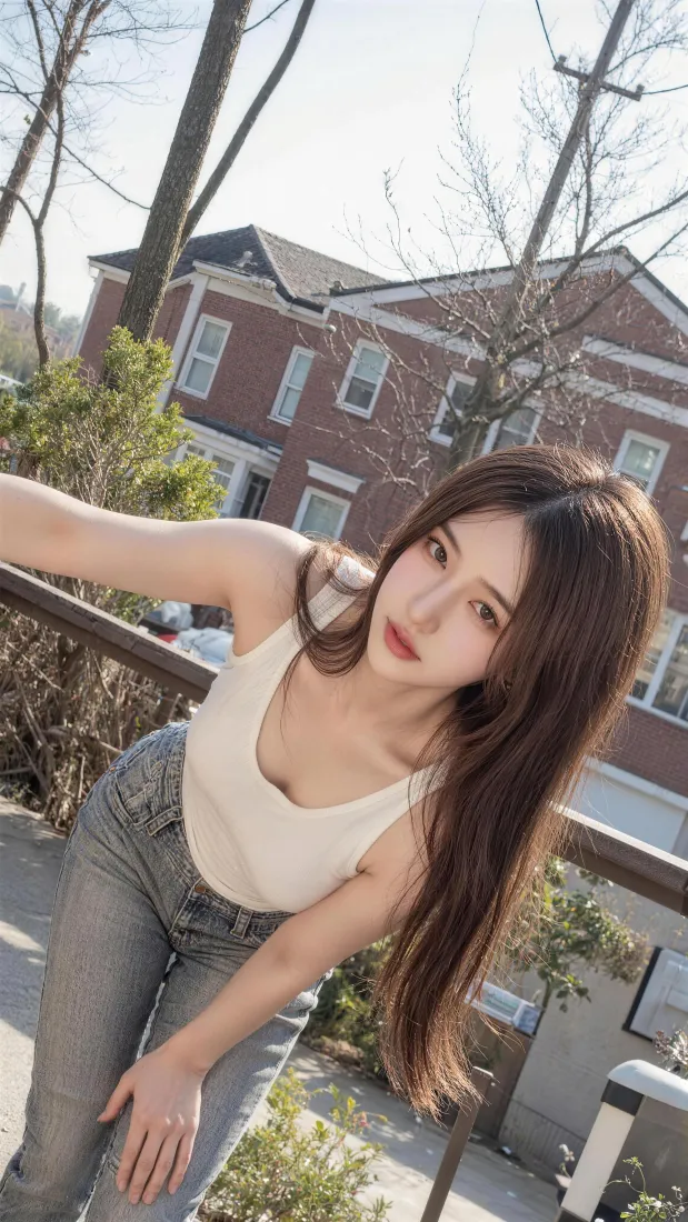 长发美女手机壁纸｜户外街景背景图片 - 仰拍视角「哲风壁纸」