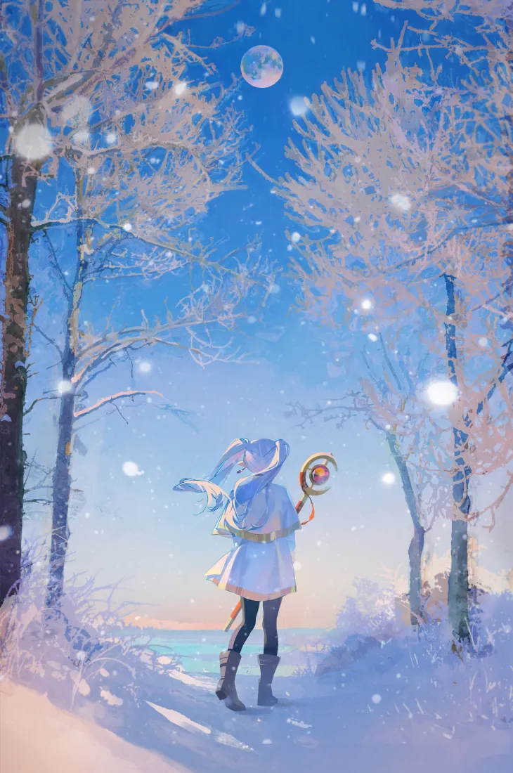 芙莉莲手机壁纸｜冬日雪地树林背景图片 - 魔法使林间行走「哲风壁纸」