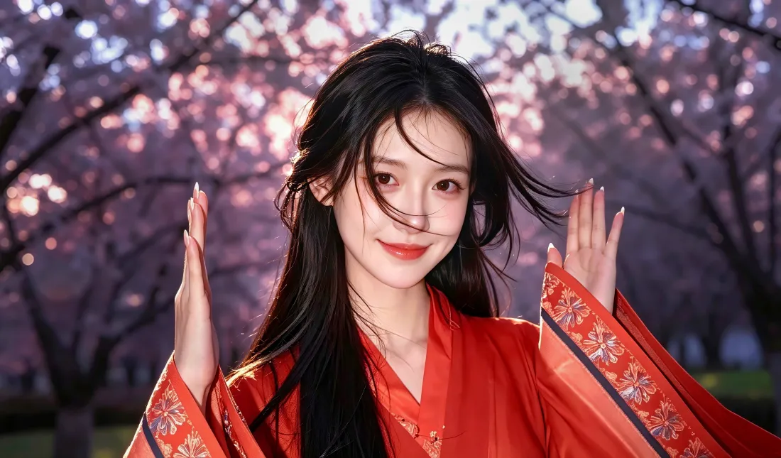 3k红衣汉服少女壁纸｜樱花树下背景图片 - 古风氛围感人像「哲风壁纸」