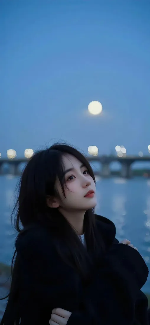 清冷美女手机壁纸｜月夜江边背景图片 - 氛围感人像「哲风壁纸」