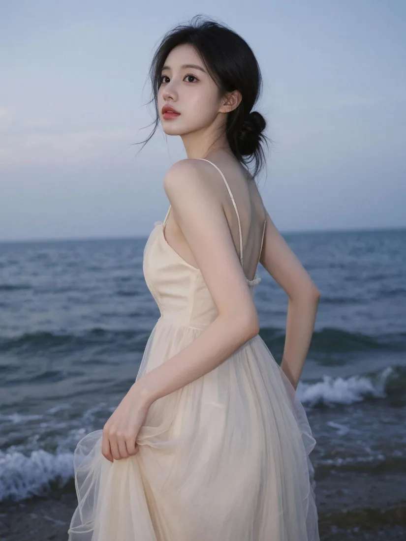 海边美女手机壁纸｜纱裙露背背景图片 - 温柔氛围感人像写真「哲风壁纸」