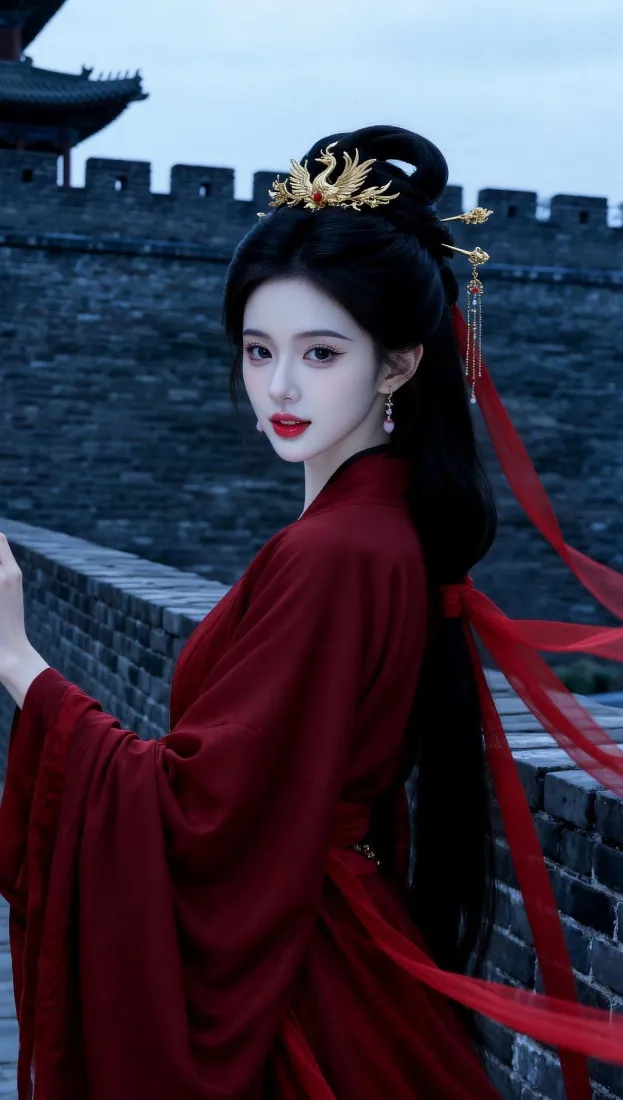 古风红衣美女手机壁纸｜古城墙背景图片 - 国风汉服写真「哲风壁纸」