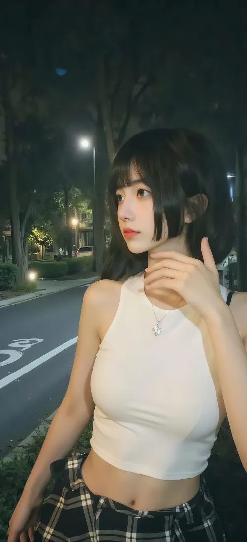 短发美女手机壁纸｜夜晚城市街道背景图片 - 氛围感穿搭人像「哲风壁纸」