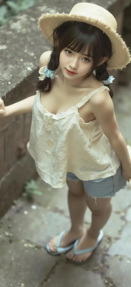 草帽少女手机壁纸｜夏日石阶背景图片 - 甜美清纯人像「哲风壁纸」