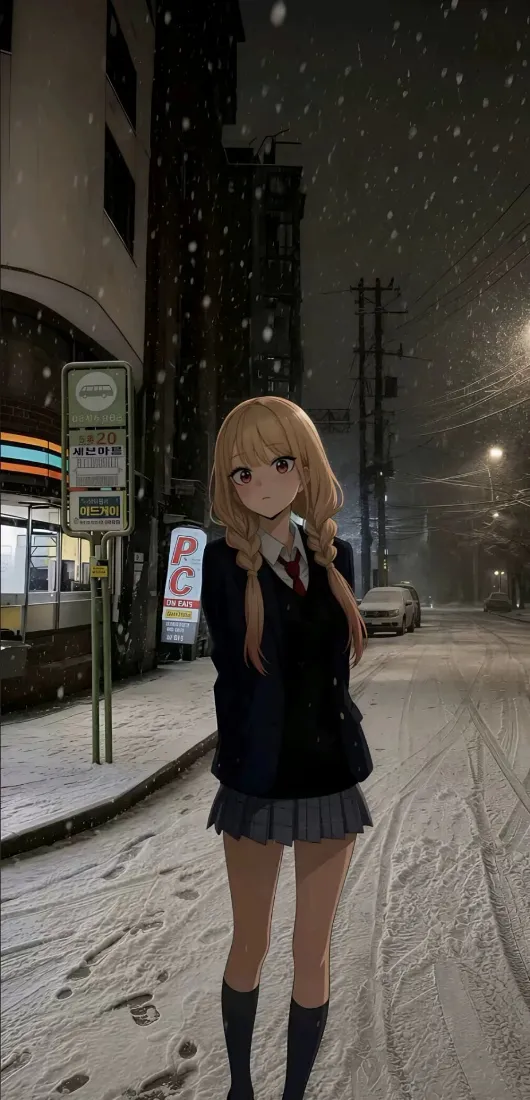 动漫金发JK少女手机壁纸｜雪夜城市街道背景图片 - 冬日氛围「哲风壁纸」