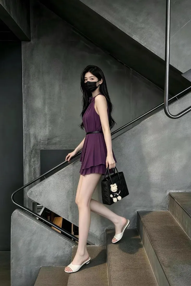 紫色裙美女手机壁纸｜楼梯街拍背景图片 - 时尚穿搭「哲风壁纸」