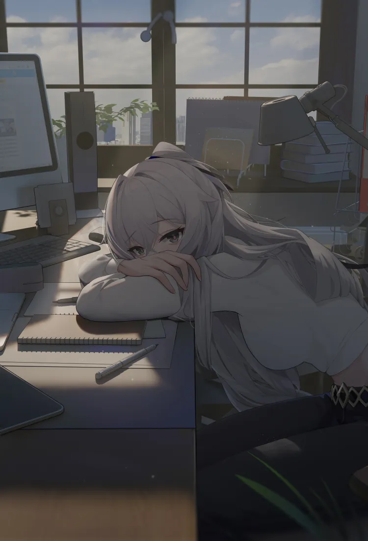崩坏手机壁纸｜办公室少女背景图片 - 慵懒二次元插画「哲风壁纸」
