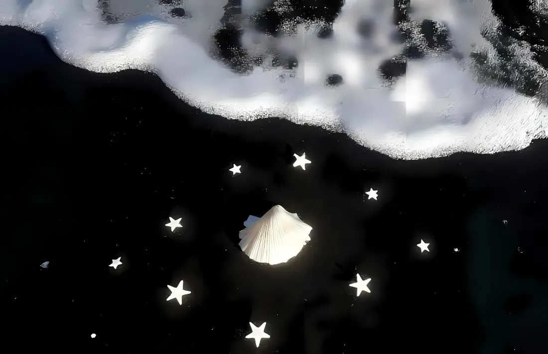 2k沙滩贝壳壁纸｜夜晚星空海浪背景图片 - 创意手绘插画「哲风壁纸」