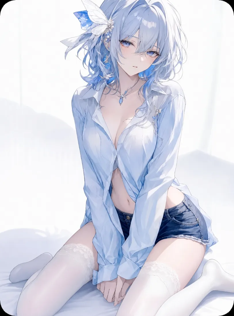 鸣潮坎特蕾拉手机壁纸｜浅蓝衬衫背景图片 - 白丝坐姿少女「哲风壁纸」