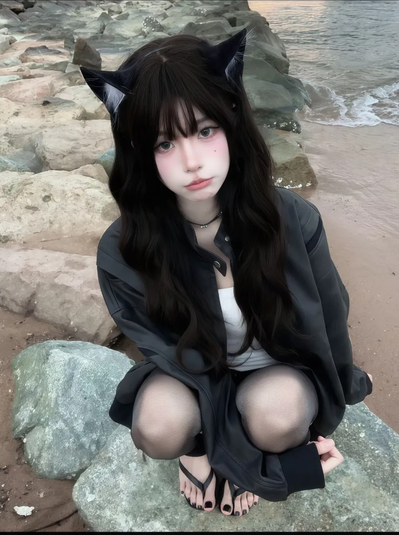 猫耳美女手机壁纸｜海边岩石沙滩背景图片 - 玉足少女写真「哲风壁纸」