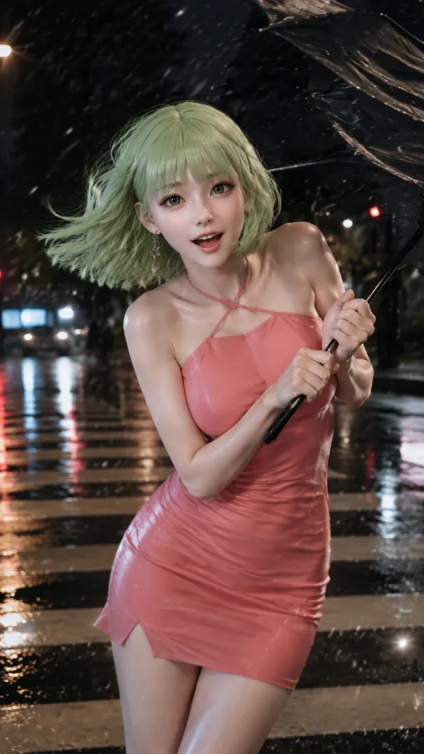 特工17手机壁纸｜雨夜斑马线背景图片 - 绿发粉裙cos写真「哲风壁纸」