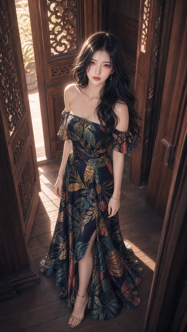 卷发美女手机壁纸｜中式木门背景图片 - 氛围感穿搭写真「哲风壁纸」