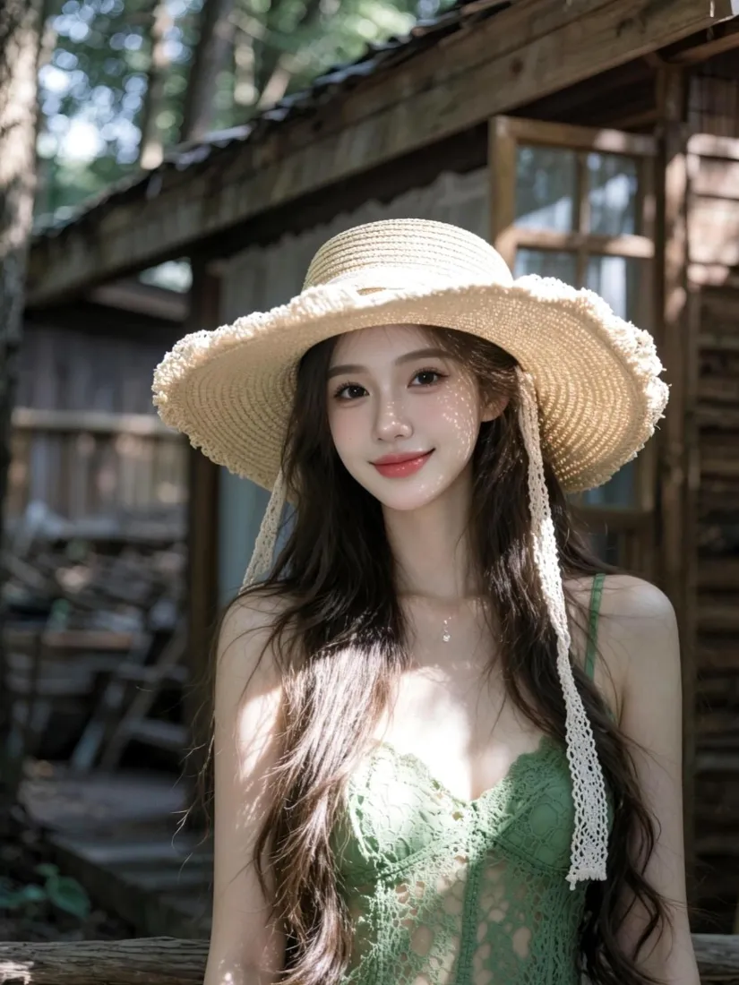 草帽美女手机壁纸｜绿色吊带户外背景图片 - 木屋清新写真「哲风壁纸」