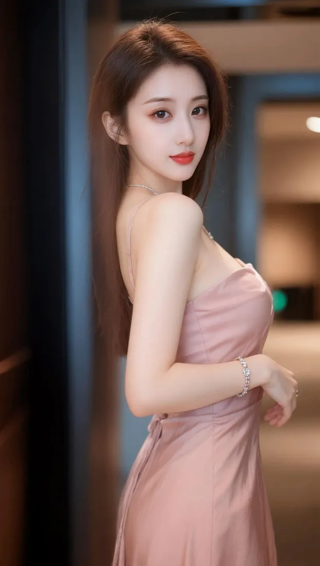 气质美女手机壁纸｜抹胸粉裙背景图片 - 室内氛围感写真「哲风壁纸」