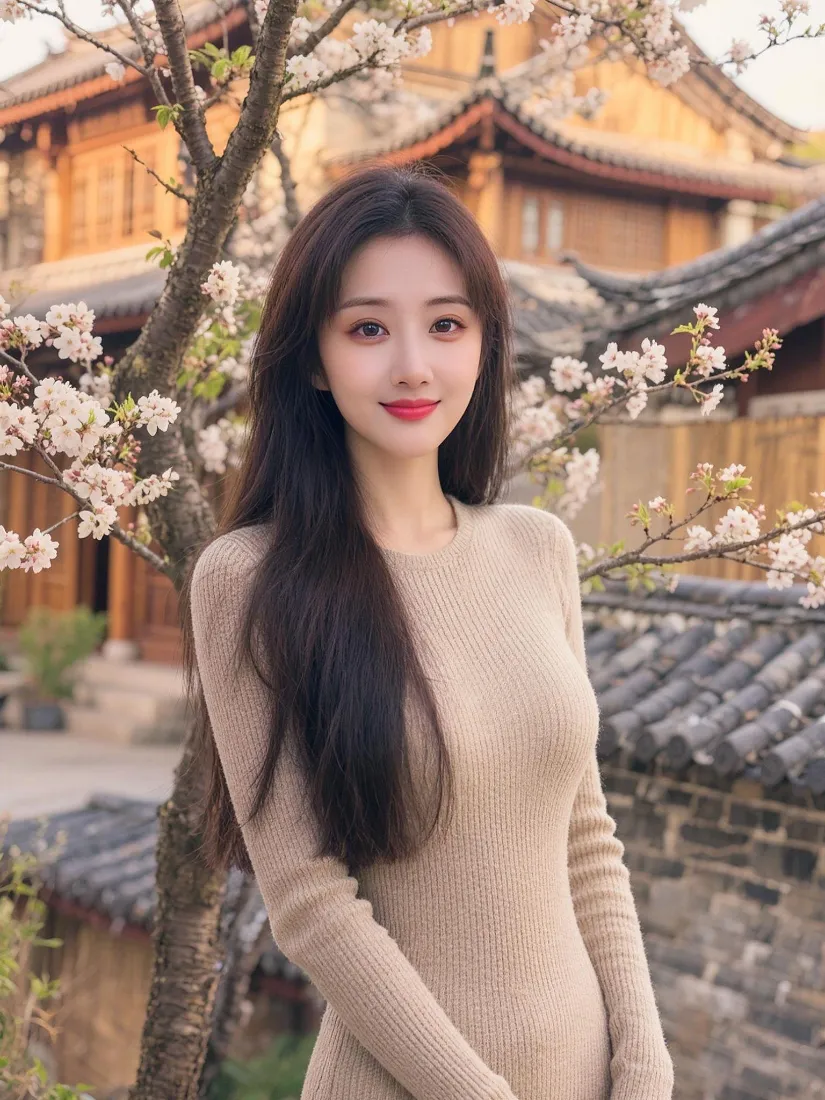 长发美女手机壁纸｜樱花古建背景图片 - 气质温柔人像「哲风壁纸」
