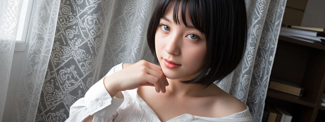 4k短发少女壁纸｜居家窗帘背景图片 - 白衬衫甜美写真「哲风壁纸」