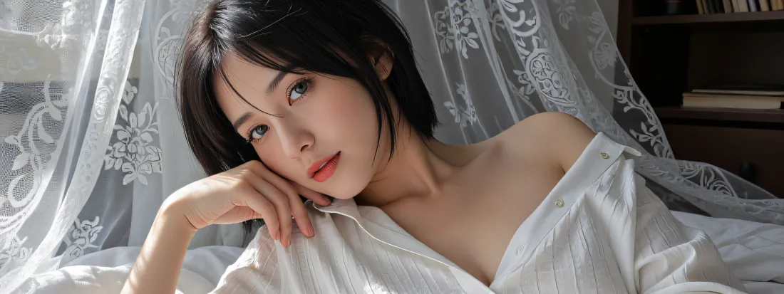 4k氛围感美女壁纸｜居家白衬衫背景图片 - 慵懒风人像写真「哲风壁纸」