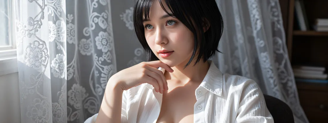 4k短发美女壁纸｜白衬衫居家背景图片 - 清纯人像写真「哲风壁纸」