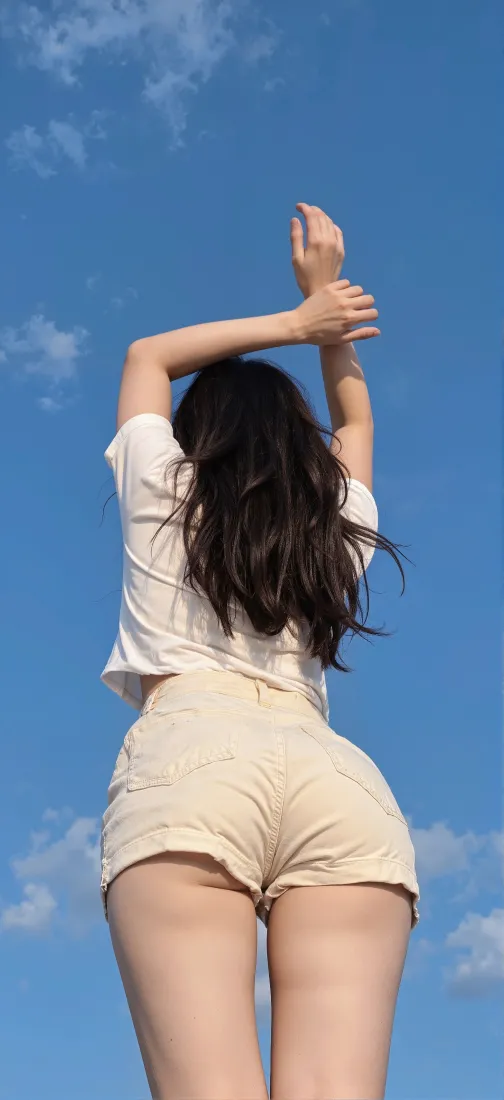 少女手机壁纸｜蓝天户外背景图片 - 抬臂氛围感背影「哲风壁纸」