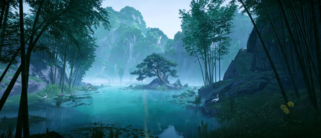 3k明日方舟壁纸｜武陵城山水背景图片 - 青雾竹林湖泊山景「哲风壁纸」