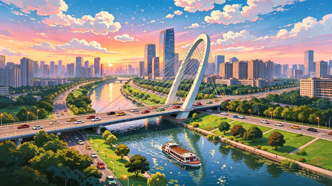 3k漫画风城市壁纸｜黄昏河岸背景图片 - 现代都市风光「哲风壁纸」