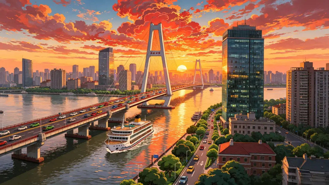 3k漫画风繁华城市壁纸｜黄昏江景背景图片 - 日落大桥「哲风壁纸」
