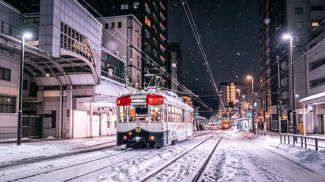 3k漫画城市雪夜壁纸｜有轨电车街景背景图片 - 冬日治愈风「哲风壁纸」