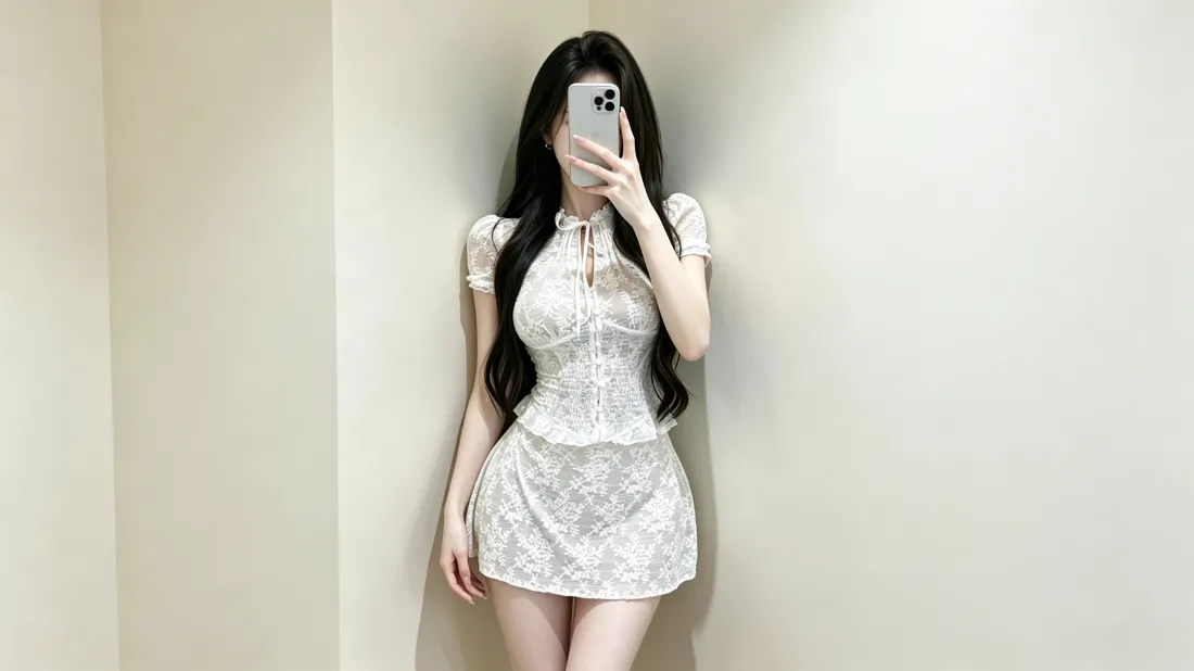 3k新中式穿搭美女壁纸｜浅米色墙面背景图片 - 对镜自拍写真「哲风壁纸」