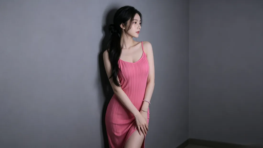 3k粉裙美女壁纸｜灰色墙面背景图片 - 氛围感时尚写真「哲风壁纸」