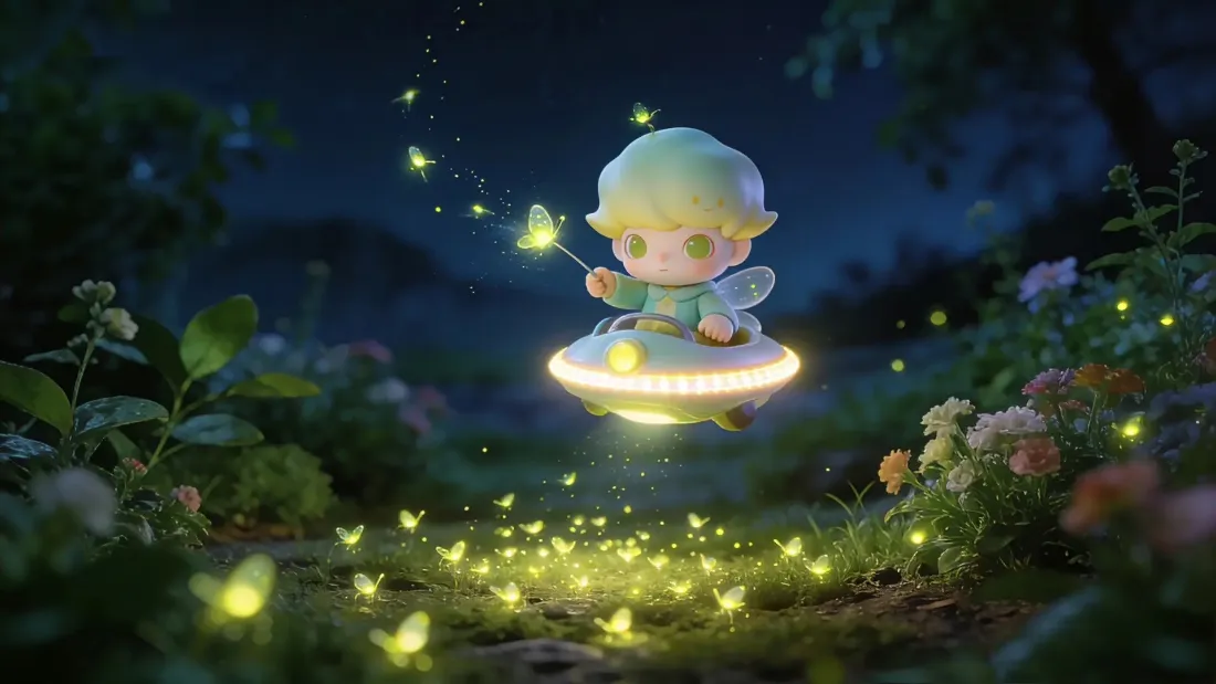 2kDIMOO壁纸｜夜晚森林背景图片 - 飞碟萤火虫治愈可爱「哲风壁纸」