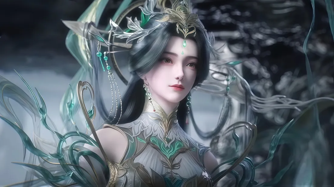 3k完美世界壁纸｜绿衣古装美女 - 植物元素仙气背景图片「哲风壁纸」