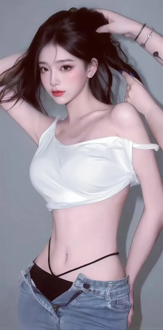长发美女手机壁纸｜露腰穿搭 - 养眼写真「哲风壁纸」
