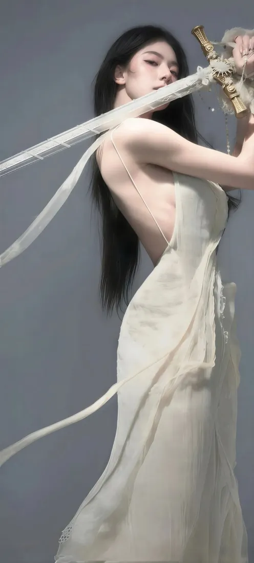 飒爽持剑黑长直美女手机壁纸｜纯色灰调背景图片 - 露背长裙清冷感「哲风壁纸」