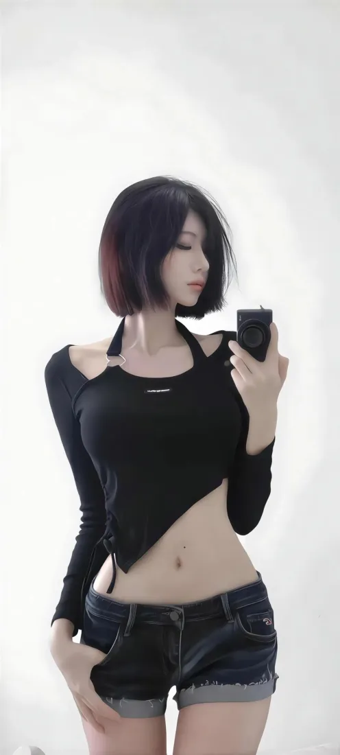 性感养眼短发美女手机壁纸｜浅白室内背景图片 - 露脐牛仔短裤穿搭「哲风壁纸」