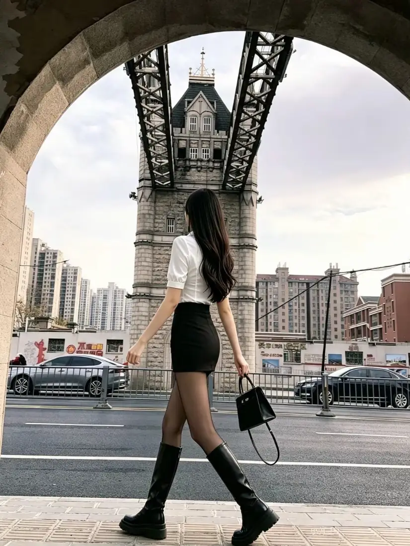 街拍美女手机壁纸｜欧式塔桥背景图片 - 黑丝长靴穿搭「哲风壁纸」