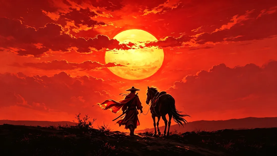 3k古风侠客｜夕阳剪影背景图片 - 牵马武侠江湖意境「哲风壁纸」