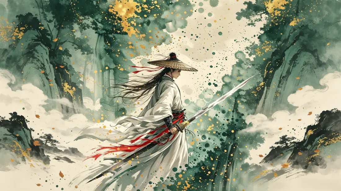 3k古风侠客壁纸｜水墨山水背景图片 - 白衣剑客仗剑江湖「哲风壁纸」