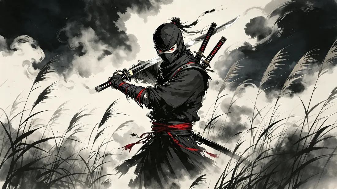 3k忍者壁纸｜水墨风背景图片 - 芦苇荡持刀黑衣武士「哲风壁纸」