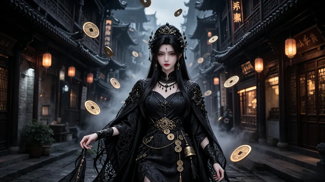 3k黑衣古风女子壁纸｜古街铜钱背景图片 - 冷艳暗黑国风「哲风壁纸」