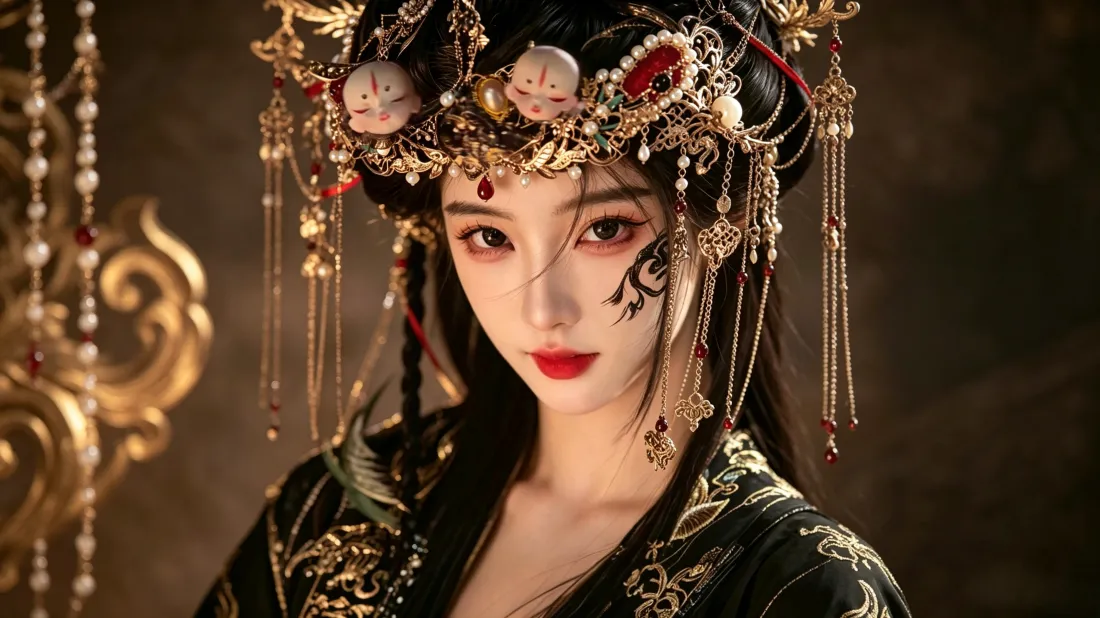 3k古风汉服美人壁纸｜暗黑华丽造型背景图片 - 金饰流苏「哲风壁纸」