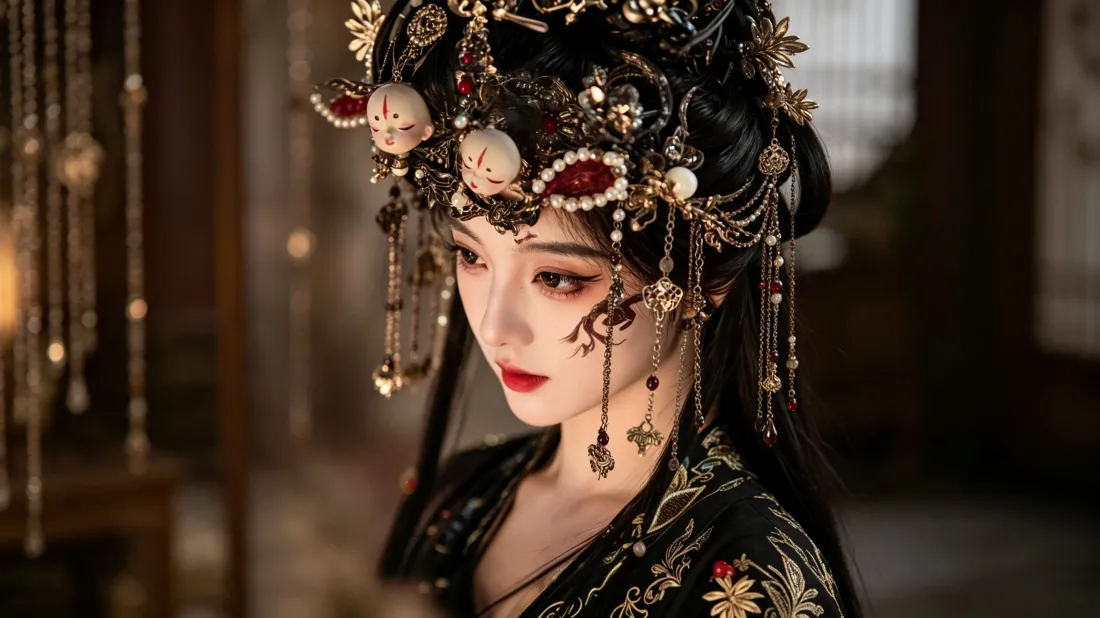 3k古风汉服美人壁纸｜暗黑国风背景图片 - 华丽发冠面饰「哲风壁纸」