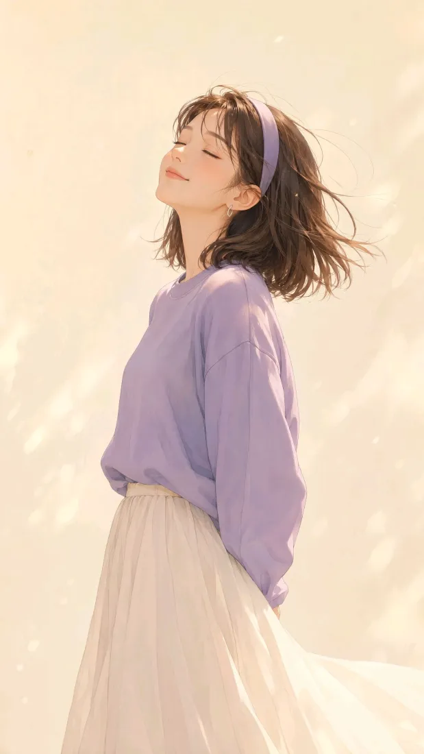 二次元少女手机壁纸｜暖光背景图片 - 紫衣短发闭眼温柔治愈「哲风壁纸」