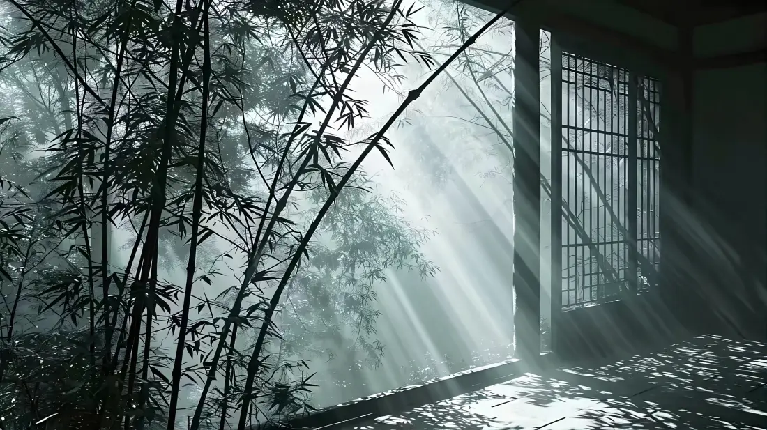 3k竹林古窗｜禅意光影背景图片 - 中式庭院晨雾「哲风壁纸」