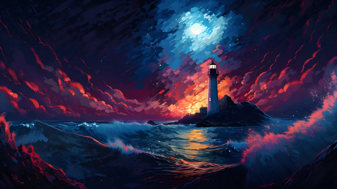 3k海边灯塔壁纸｜月夜海景背景图片 - 油画风「哲风壁纸」