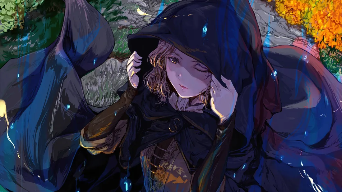 3k兜帽少女｜雨天撑伞背景图片 - 短发眨眼二次元插画「哲风壁纸」