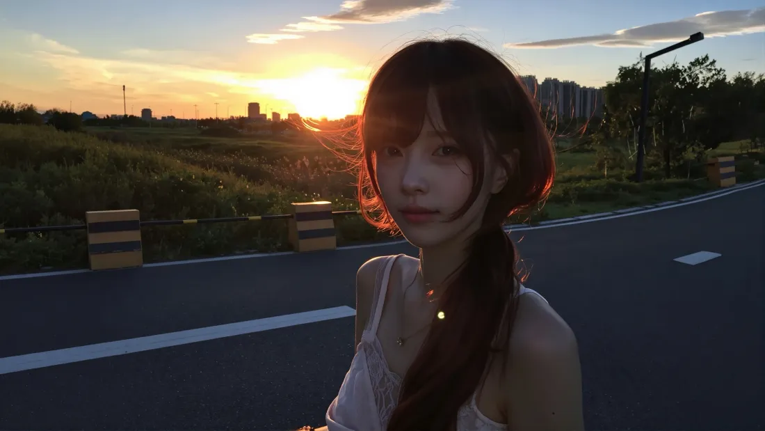 3k日落女生｜公路背景图片 - 麻花辫白吊带氛围感「哲风壁纸」