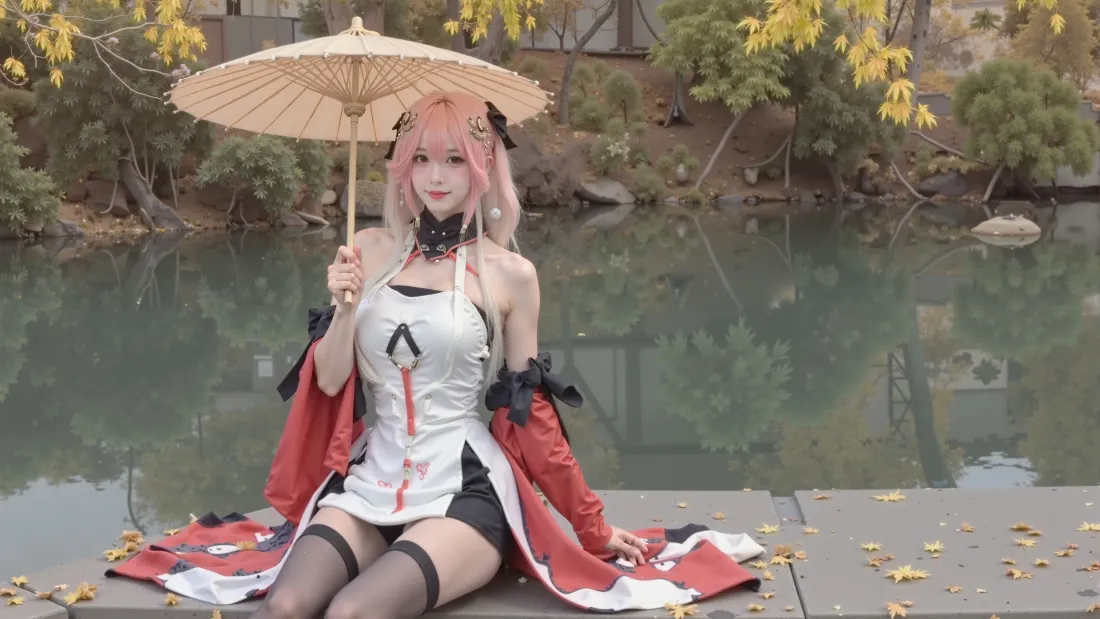 5k二次元cosplay壁纸｜户外水景撑伞少女背景图片「哲风壁纸」