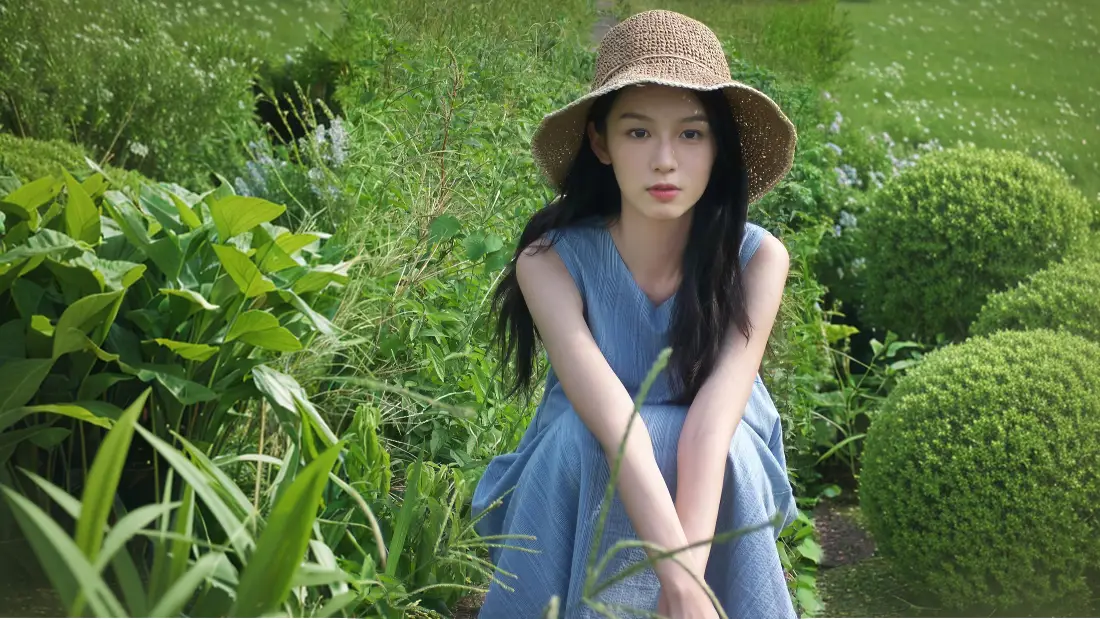 4k清新少女壁纸｜绿植丛背景图片 - 草帽蓝裙夏日写真「哲风壁纸」