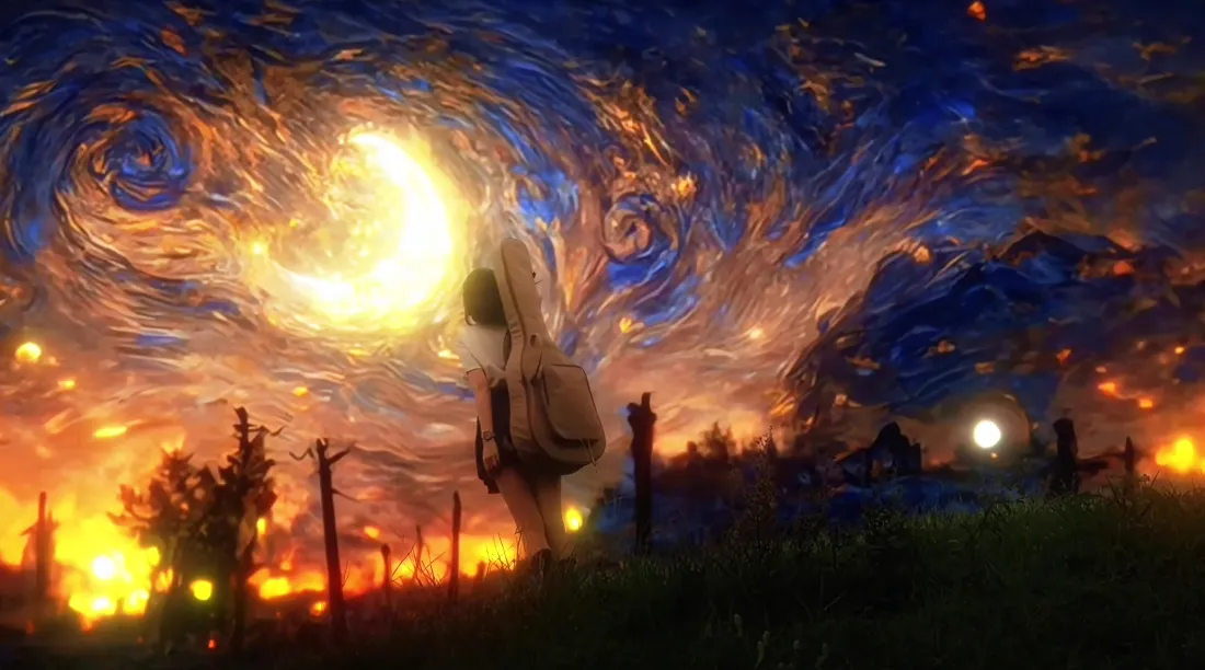 4k梵高风星空｜少女背影背景图片 - 草地弯月暖光「哲风壁纸」